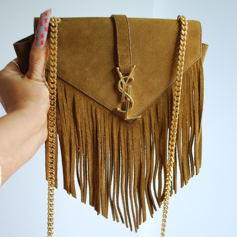YSL Monogram Brown Suede Fringe Bag